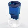 A water filter pitcher with a blue filter insert and lid, filled with water. Produktbild-Vorschau