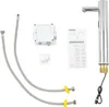 A collection of parts for an automatic faucet, including the faucet itself, a control box, hoses, and instructions. Produktbild-Vorschau