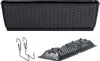 A black rectangular planter box with a woven texture, shown with its accessories: a tray and two hooks. Voir les images du produit