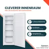 A white freezer with its door open, showcasing its interior compartments, set against a dark blue and white background with marketing text and icons. Produktbild-Vorschau