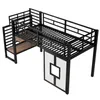 A black metal loft bed with a ladder and shelves. Produktbild-Vorschau