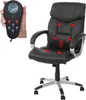 A black leather office chair with a remote control shown in a hand.