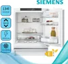 A Siemens built-in refrigerator with various features highlighted through icons and text overlays. Podgląd zdjęcia produktu