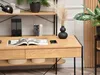 A modern home office desk with a magazine, phone, and vase with dried flowers. Náhled obrázku produktu