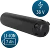 A black cylindrical battery pack for an e-bike, with informational overlays. Produktbild-Vorschau