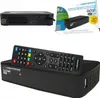 A black digital TV tuner and decoder with its remote control, presented on a white background. The product packaging is also visible in the upper right corner. Náhľad obrázku produktu