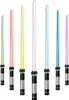 A collection of seven lightsabers with different colored blades and silver and black handles, arranged in a row against a white background. Produktbild-Vorschau