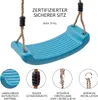 A close-up of a turquoise swing seat with descriptive text and icons below. Anteprima dell’immagine prodotto
