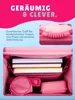 A pink school backpack is shown open, with books and a lunchbox inside. A close-up of the handle and a descriptive text box are also visible. Produktbild-Vorschau