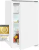 A white refrigerator with its door slightly ajar, revealing shelves stocked with fruits and containers. A seal of award is visible on the left side. Produktbild-Vorschau