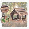 A wooden bird feeder is shown in a forest setting with close-up insets highlighting water droplets on wood and green leaves. Podgląd zdjęcia produktu