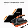 An electric air pump with a diagram illustrating its dual-stage inflation process. Produktbild-Vorschau