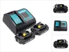 A Makita power tool battery charger and two batteries are displayed on a white background. Produktbild-Vorschau