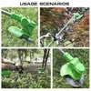Collage of four images showing a green electric grass trimmer being used in different outdoor settings. Produktbild-Vorschau