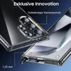 A close-up marketing image of a transparent phone case, highlighting camera protection and a slim profile. Produktbild-Vorschau