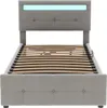 A bed frame with a slatted base and a tufted headboard with integrated LED lighting. Produktbild-Vorschau
