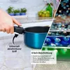 A split image showing a hand holding a blue pot on the left, and a layered view of different colored pots with abstract elements on the right. Produktbild-Vorschau