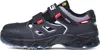 A side view of a black safety sandal with red and white accents. Produktbild-Vorschau
