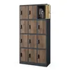 A tall metal locker unit with wood-effect doors, one of which is open to reveal a backpack and a water bottle inside. Anteprima dell’immagine prodotto