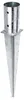 A galvanized metal ground sleeve with a pointed base and a cylindrical top with two holes. Produktbild-Vorschau