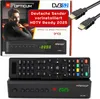 A collage of a satellite receiver, its remote control, and packaging, along with HDMI cables. Produktbild-Vorschau