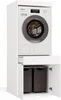 A white cabinet designed to house a washing machine or dryer, with two dark laundry baskets visible inside the open lower cabinet. Produktbild-Vorschau