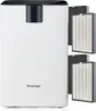 A white air purifier with a black top and a black accent piece on the front. Several replacement filters are shown to the right of the purifier. Produktbild-Vorschau