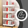 A white rolling cart with four shelves, each holding a large clear water jug with red and green labels. A black circle with a white bicep icon is on the right side of the image. Podgląd zdjęcia produktu