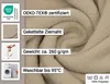 A close-up of a textured beige fabric, with informational text overlays and smaller inset images. Produktbild-Vorschau