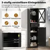 A black bathroom cabinet is shown with its doors open, displaying its interior shelves and drawers. Text overlays highlight adjustable shelves and suggested uses for storage. Náhled obrázku produktu