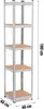 A tall, narrow metal storage rack with five wooden shelves, shown against a white background with dimensions indicated. Produktbild-Vorschau