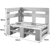 A corner bench made of wooden pallets with dimensions indicated. Produktbild-Vorschau