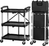 A black three-tier folding serving cart with wheels is shown from the front, and a folded version of the same cart is shown from the side. Produktbild-Vorschau