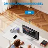 A person is working at a desk with a computer, and a power strip is shown connected to the wall. Produktbild-Vorschau