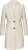 A cream-colored women's coat is displayed front and center against a white background.