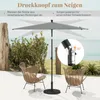 A patio umbrella with two chairs in a garden setting by the sea. Podgląd zdjęcia produktu