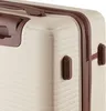 A close-up view of the corner of a cream-colored suitcase with brown trim and handles. Produktbild-Vorschau