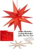 A red star-shaped lantern with small gold stars cut out, shown hanging and with a close-up of its detail. Also shows the battery pack and a disassembled frame. Náhled obrázku produktu