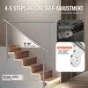 A stainless steel handrail installed on a wooden staircase, with text overlays highlighting product features. Podgląd zdjęcia produktu