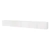 A long, white, lowboard with six cabinet doors, shown against a white background. Voir les images du produit