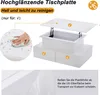 A white lift-top coffee table with a close-up inset showing a hand cleaning the surface, and text highlighting its features. Produktbild-Vorschau
