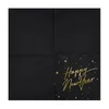 A folded black napkin with a gold 'Happy New Year' message and stars printed on one corner, set against a white background. Produktbild-Vorschau