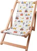 A wooden deck chair with a white fabric seat featuring a farm-themed pattern. Náhľad obrázku produktu