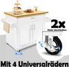 A white kitchen cart with a wooden top, shown with food items on top and a towel on the side. A close-up of a wheel with a lock mechanism is shown in a circle on the right. Produktbild-Vorschau