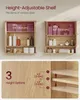 Two identical wooden bathroom cabinets are shown, one displaying minimum shelf height and the other maximum shelf height, with various toiletries. Below, a close-up shows the height adjustment mechanism with numbered options. Produktbild-Vorschau