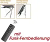 The image shows a TV ceiling mount with two diagrams illustrating its use on a flat and a sloping ceiling. A remote control is also shown with a wireless signal icon, and text indicating it comes with a radio remote control. Anteprima dell’immagine prodotto