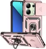 A rose gold phone case with a sliding camera cover and a ring stand is displayed against a white background.