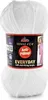 A ball of white yarn with a product label. Produktbild-Vorschau