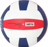 A volleyball with blue, white, and red panels, showing product information and a barcode. Anteprima dell’immagine prodotto