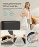 A woman is holding a laundry bag next to a laundry basket, with close-up shots of the laundry basket's features. Produktbild-Vorschau